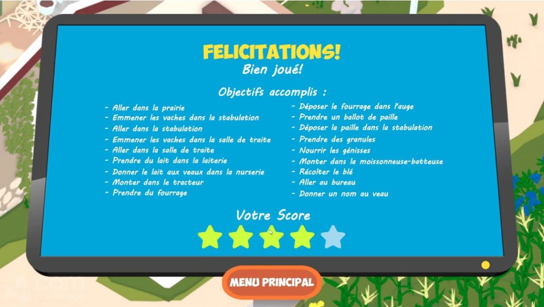 À la fin du jeu, l'enfant connaît les étapes nécessaires à la production de lait. Il peut rejouer autant de fois qu'il le souhaite